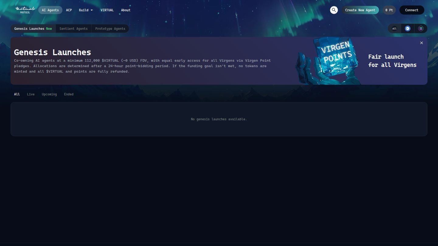 Virtuals.io platform interface showing Genesis Launches and AI agent investment opportunities